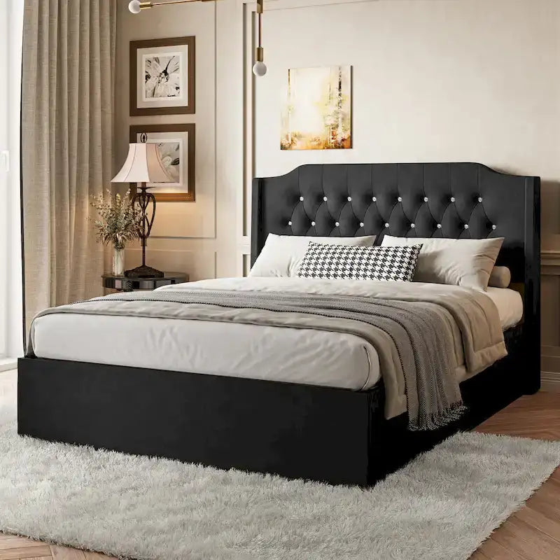Cama Queen de plataforma con cabecera alada de terciopelo, rosa/negro/beige, 2 personas
