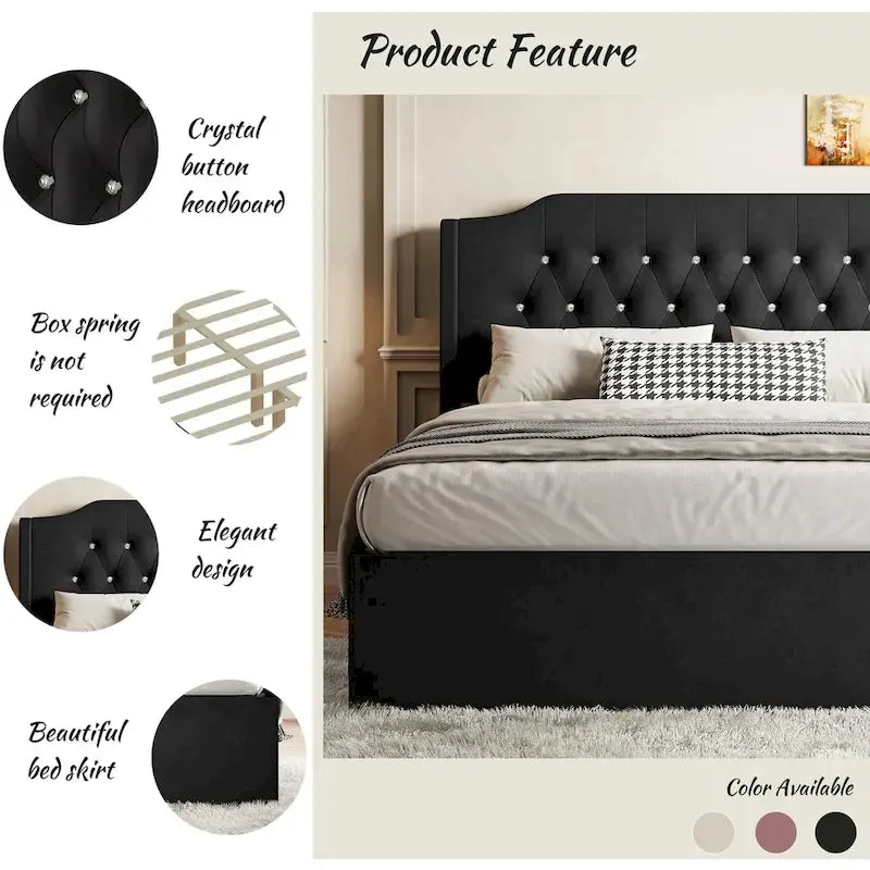 Cama Queen de plataforma con cabecera alada de terciopelo, rosa/negro/beige, 2 personas