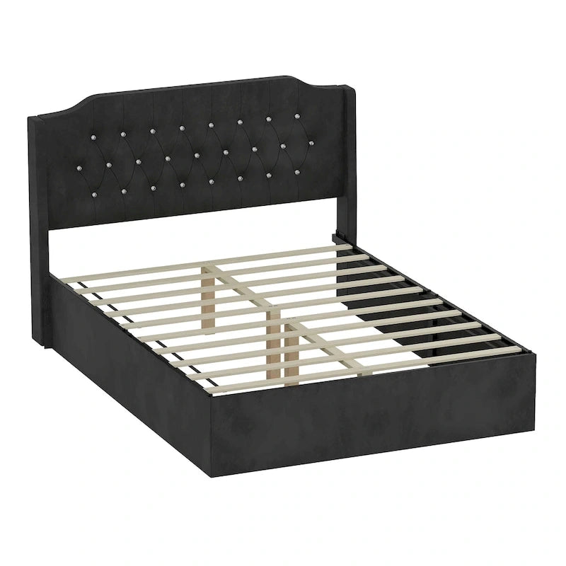 Cama Queen de plataforma con cabecera alada de terciopelo, rosa/negro/beige, 2 personas