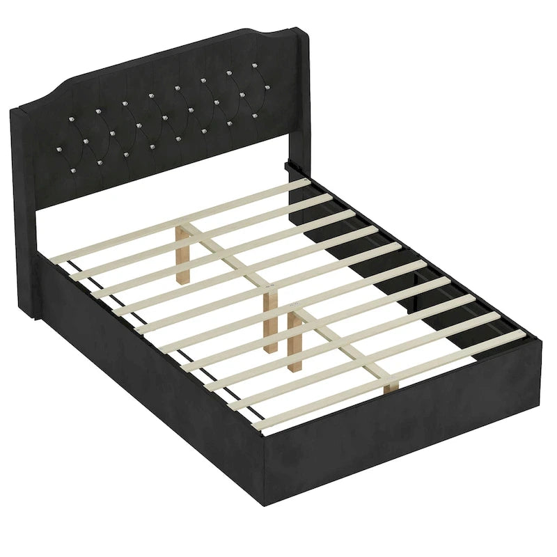 Cama Queen de plataforma con cabecera alada de terciopelo, rosa/negro/beige, 2 personas