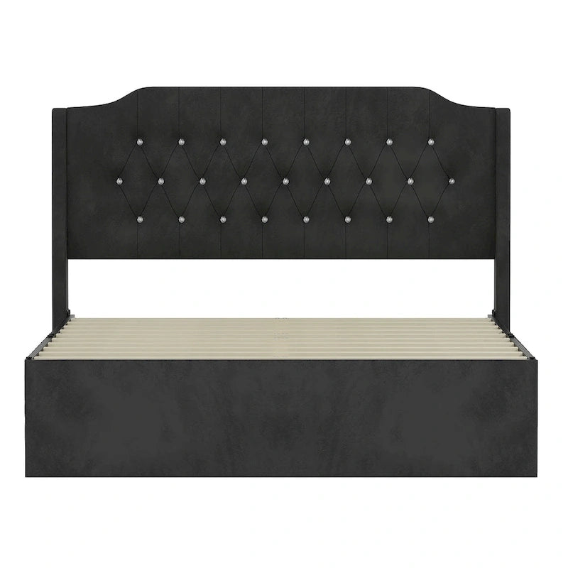 Cama Queen de plataforma con cabecera alada de terciopelo, rosa/negro/beige, 2 personas