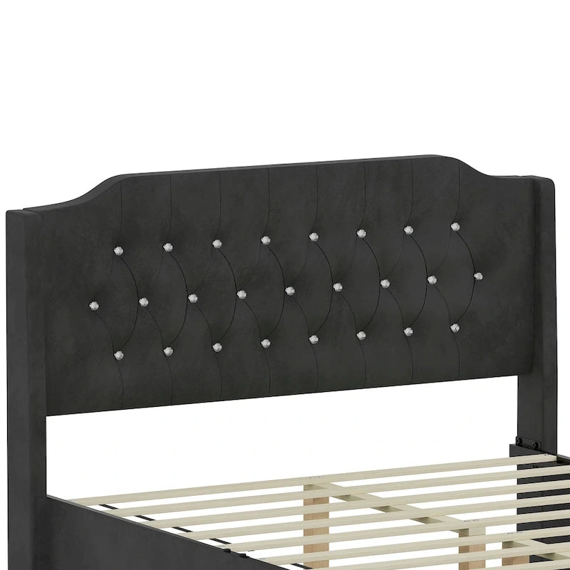 Cama Queen de plataforma con cabecera alada de terciopelo, rosa/negro/beige, 2 personas