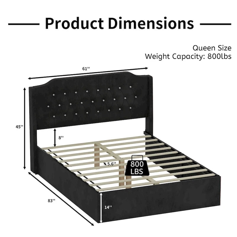 Cama Queen de plataforma con cabecera alada de terciopelo, rosa/negro/beige, 2 personas