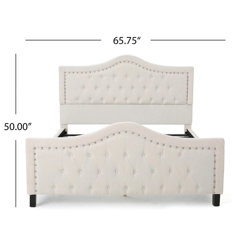 Cama Queen Ivory, cabecero y pie de cama arqueados con botones, detalles de remaches, capacidad para 2 personas