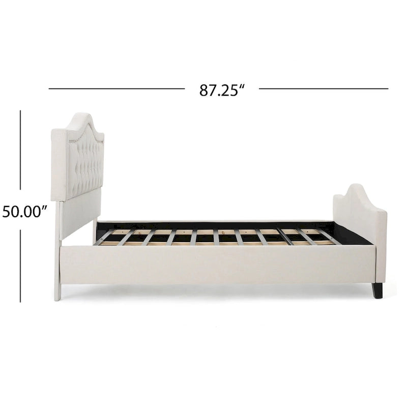 Cama Queen Ivory, cabecero y pie de cama arqueados con botones, detalles de remaches, capacidad para 2 personas