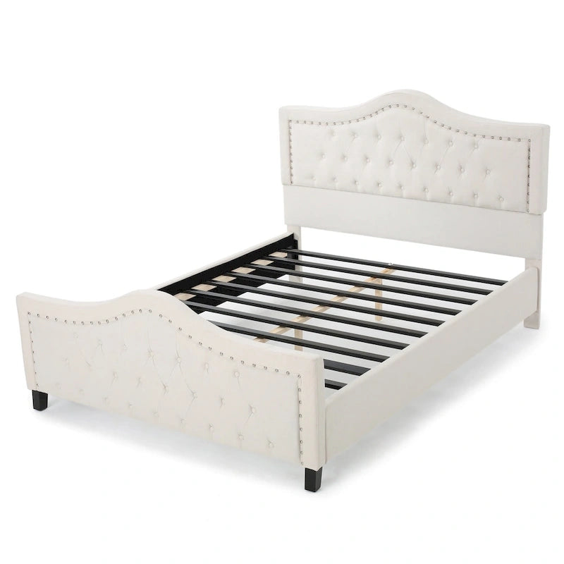 Cama Queen Ivory, cabecero y pie de cama arqueados con botones, detalles de remaches, capacidad para 2 personas