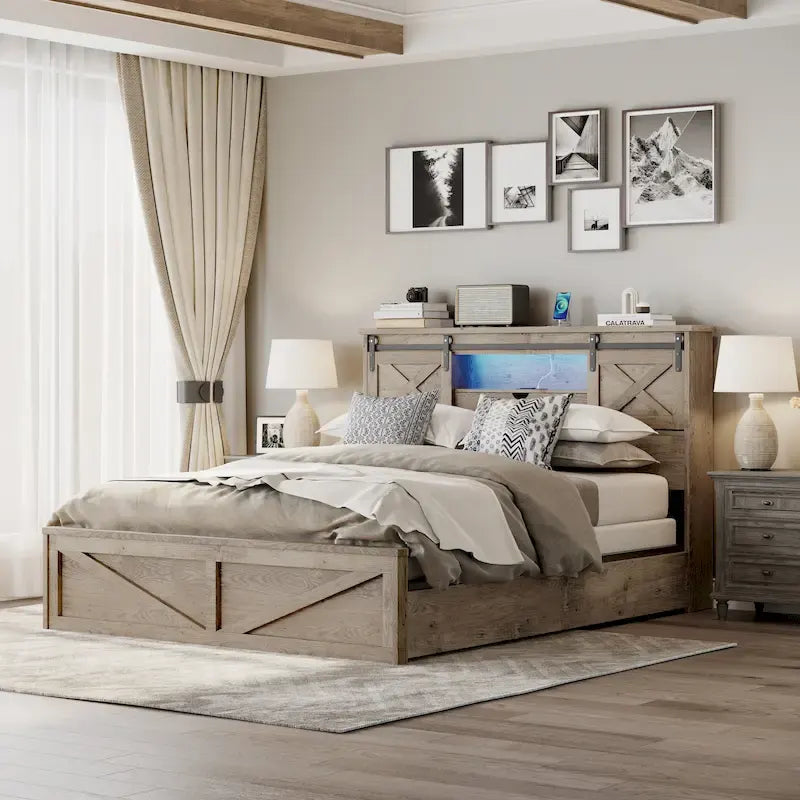 Cama Queen Gris con Cabecero LED y Estación de Carga, Estilo Puerta de Granero, 2 Plazas
