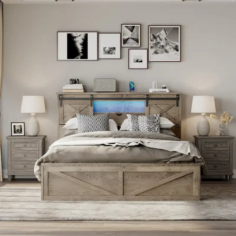 Cama Queen Gris con Cabecero LED y Estación de Carga, Estilo Puerta de Granero, 2 Plazas