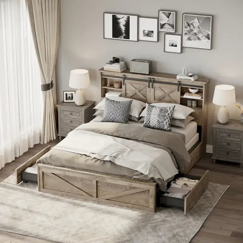 Cama Queen Gris con Cabecero LED y Estación de Carga, Estilo Puerta de Granero, 2 Plazas