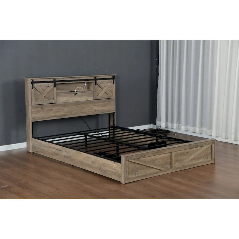 Cama Queen Gris con Cabecero LED y Estación de Carga, Estilo Puerta de Granero, 2 Plazas