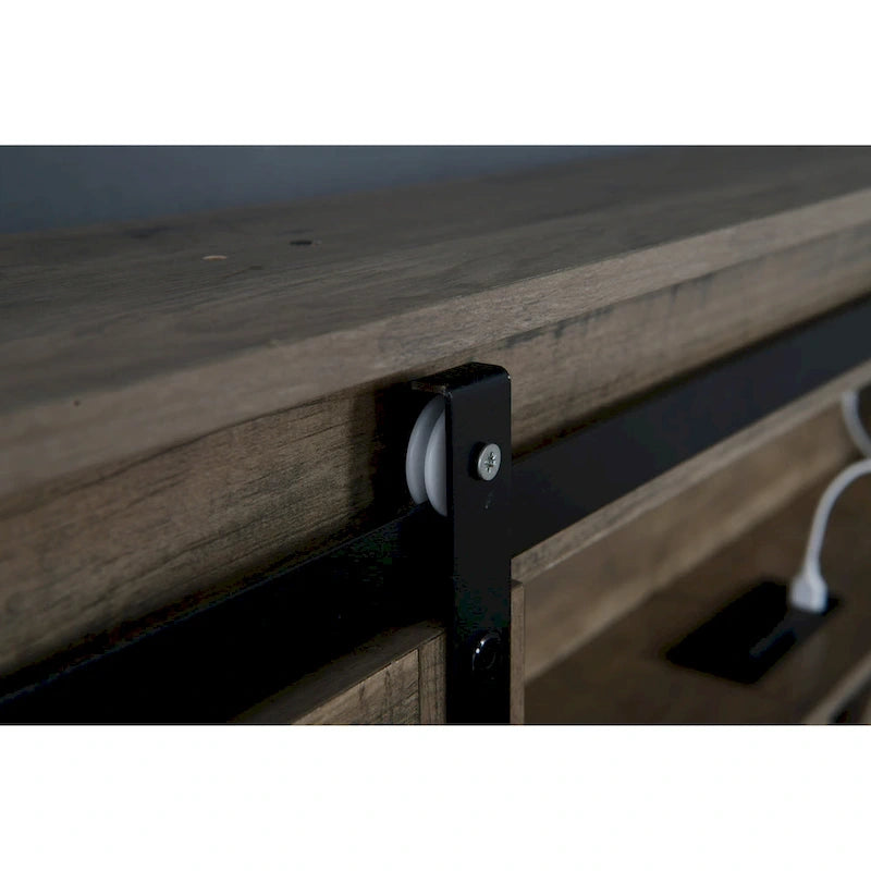 Cama Queen Gris con Cabecero LED y Estación de Carga, Estilo Puerta de Granero, 2 Plazas