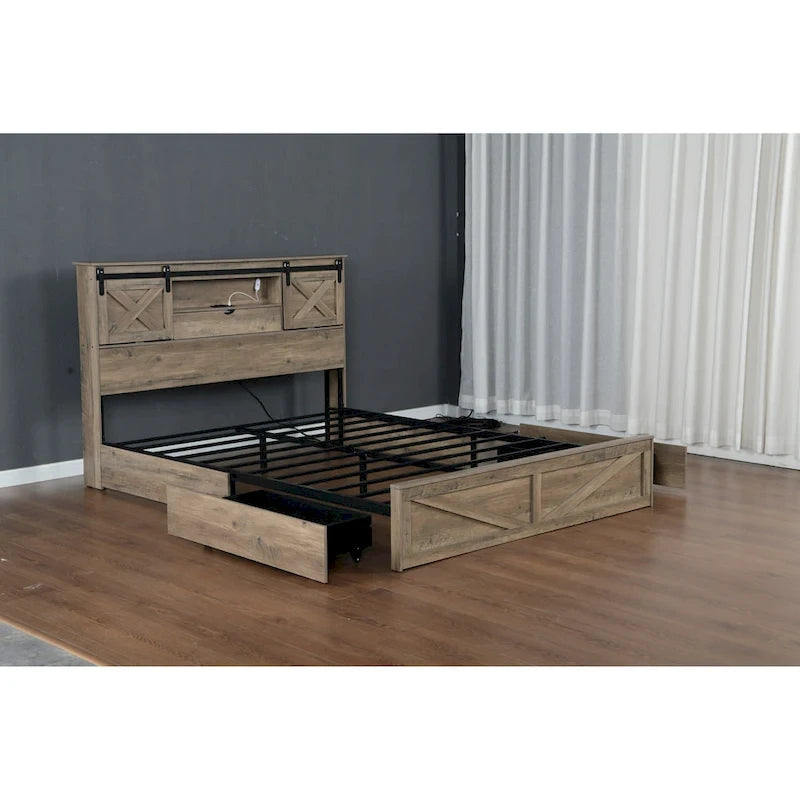 Cama Queen Gris con Cabecero LED y Estación de Carga, Estilo Puerta de Granero, 2 Plazas