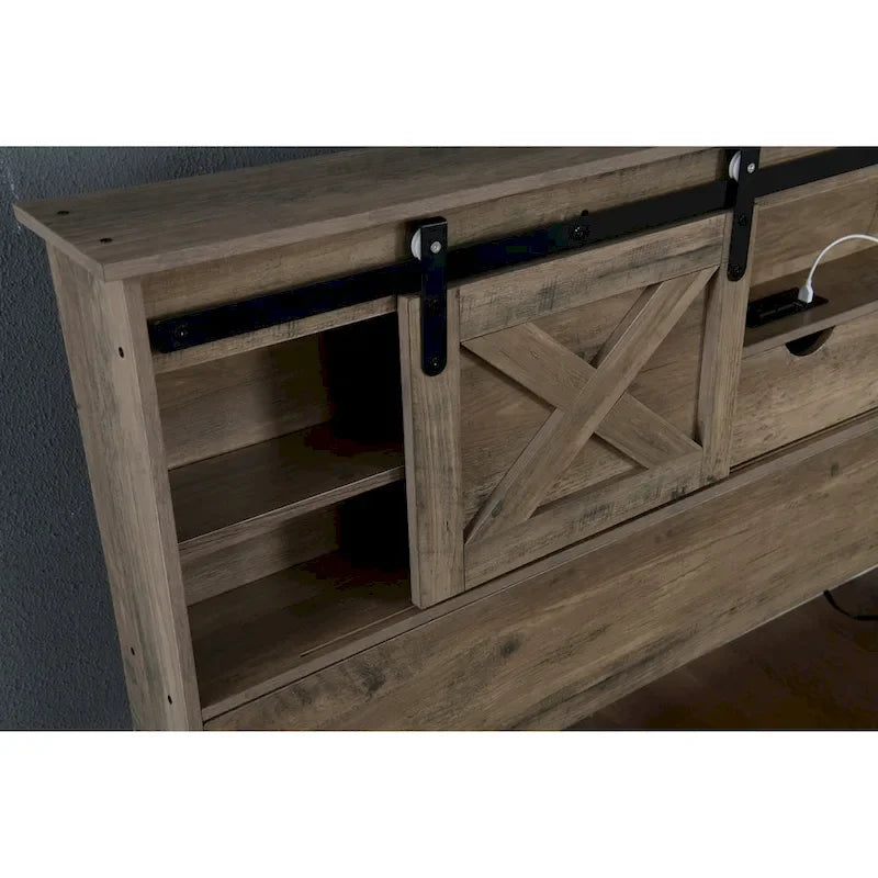 Cama Queen Gris con Cabecero LED y Estación de Carga, Estilo Puerta de Granero, 2 Plazas