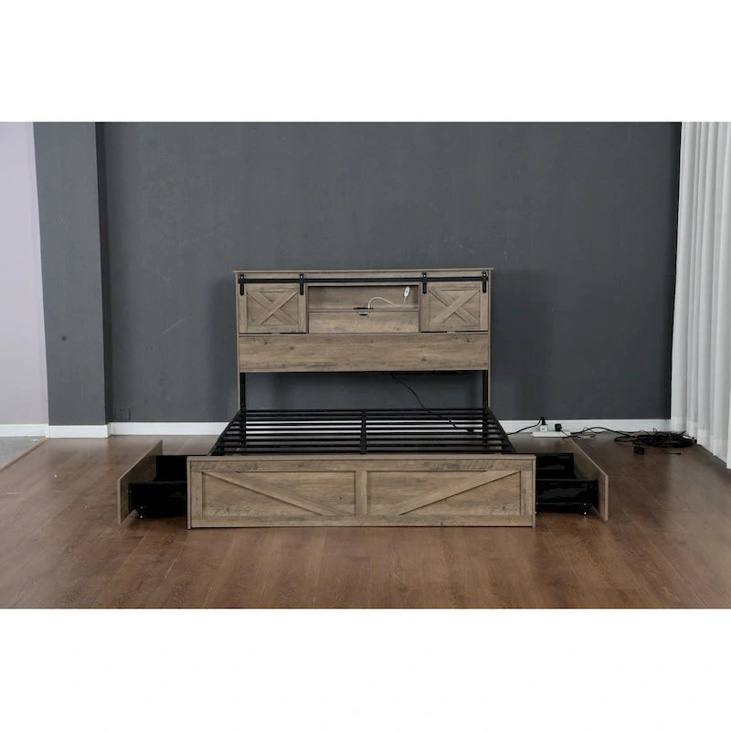 Cama Queen Gris con Cabecero LED y Estación de Carga, Estilo Puerta de Granero, 2 Plazas