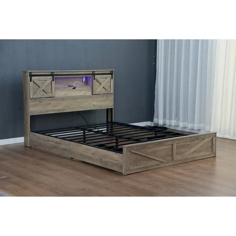Cama Queen Gris con Cabecero LED y Estación de Carga, Estilo Puerta de Granero, 2 Plazas