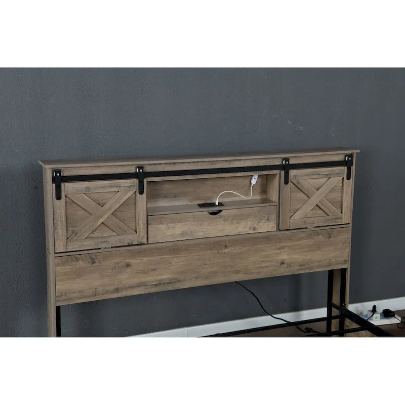 Cama Queen Gris con Cabecero LED y Estación de Carga, Estilo Puerta de Granero, 2 Plazas