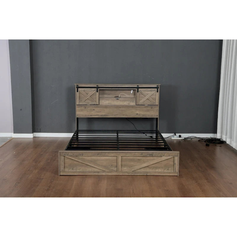 Cama Queen Gris con Cabecero LED y Estación de Carga, Estilo Puerta de Granero, 2 Plazas