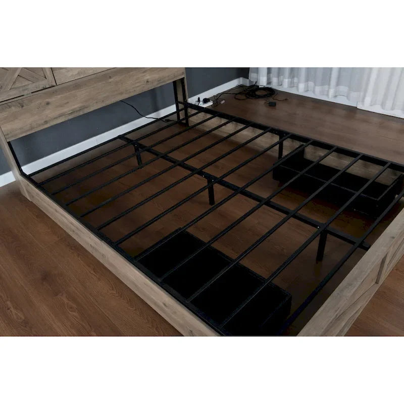 Cama Queen Gris con Cabecero LED y Estación de Carga, Estilo Puerta de Granero, 2 Plazas