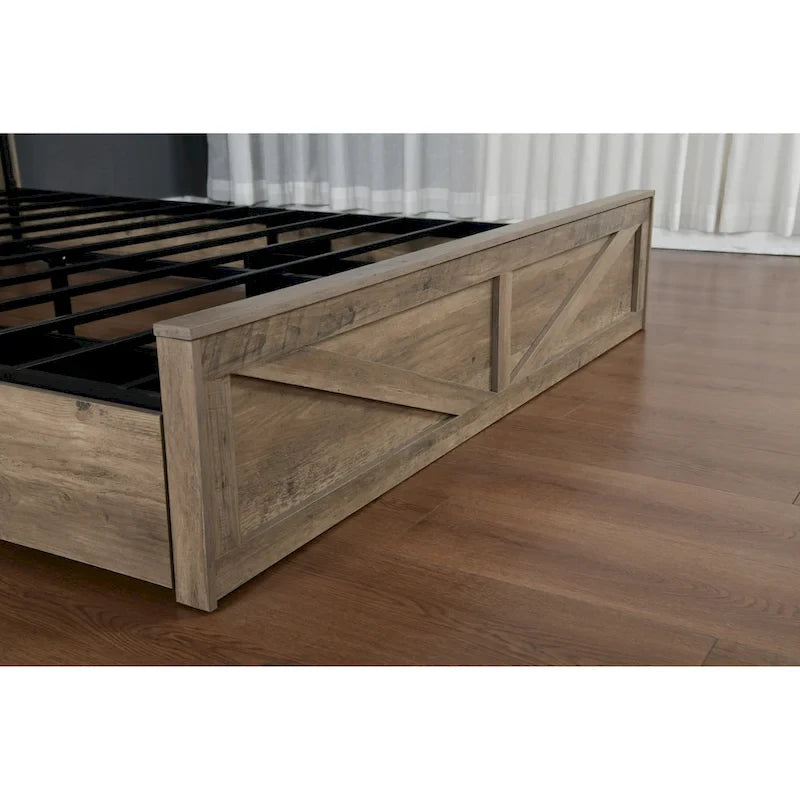 Cama Queen Gris con Cabecero LED y Estación de Carga, Estilo Puerta de Granero, 2 Plazas
