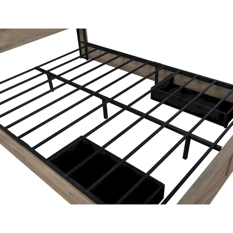 Cama Queen Gris con Cabecero LED y Estación de Carga, Estilo Puerta de Granero, 2 Plazas