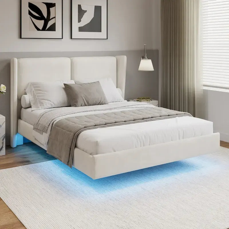 Base de Cama Plataforma Queen de Terciopelo con LED, Beige/Gris, 2 Personas