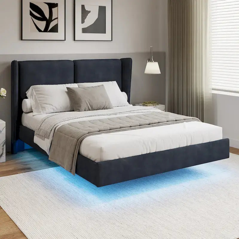 Base de Cama Plataforma Queen de Terciopelo con LED, Beige/Gris, 2 Personas