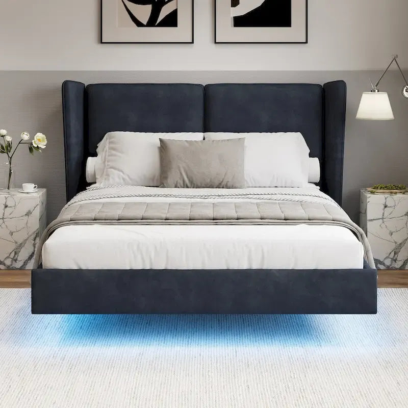 Base de Cama Plataforma Queen de Terciopelo con LED, Beige/Gris, 2 Personas