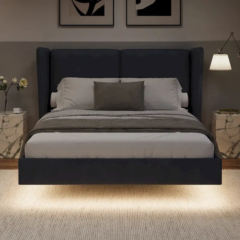Base de Cama Plataforma Queen de Terciopelo con LED, Beige/Gris, 2 Personas