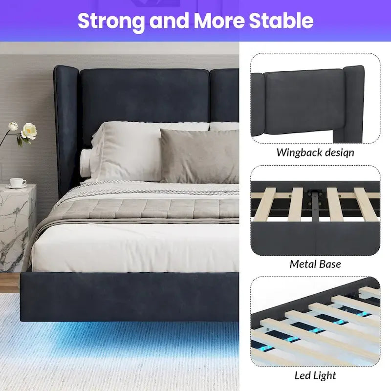 Base de Cama Plataforma Queen de Terciopelo con LED, Beige/Gris, 2 Personas