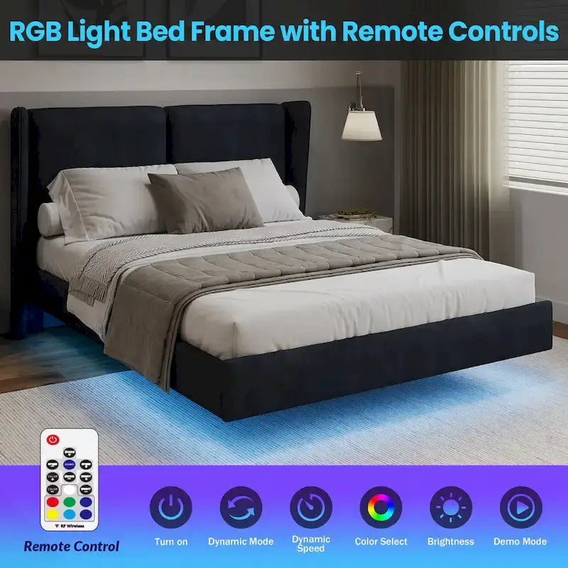 Base de Cama Plataforma Queen de Terciopelo con LED, Beige/Gris, 2 Personas
