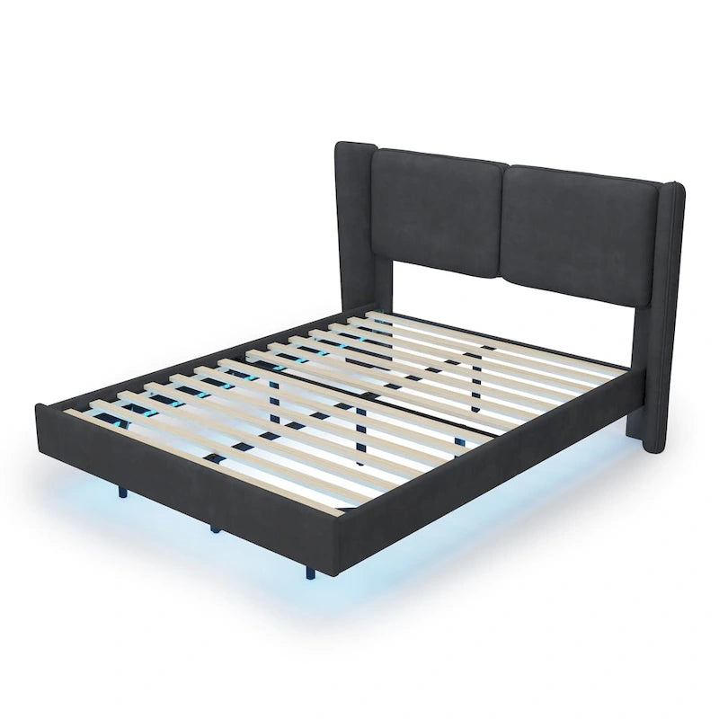 Base de Cama Plataforma Queen de Terciopelo con LED, Beige/Gris, 2 Personas