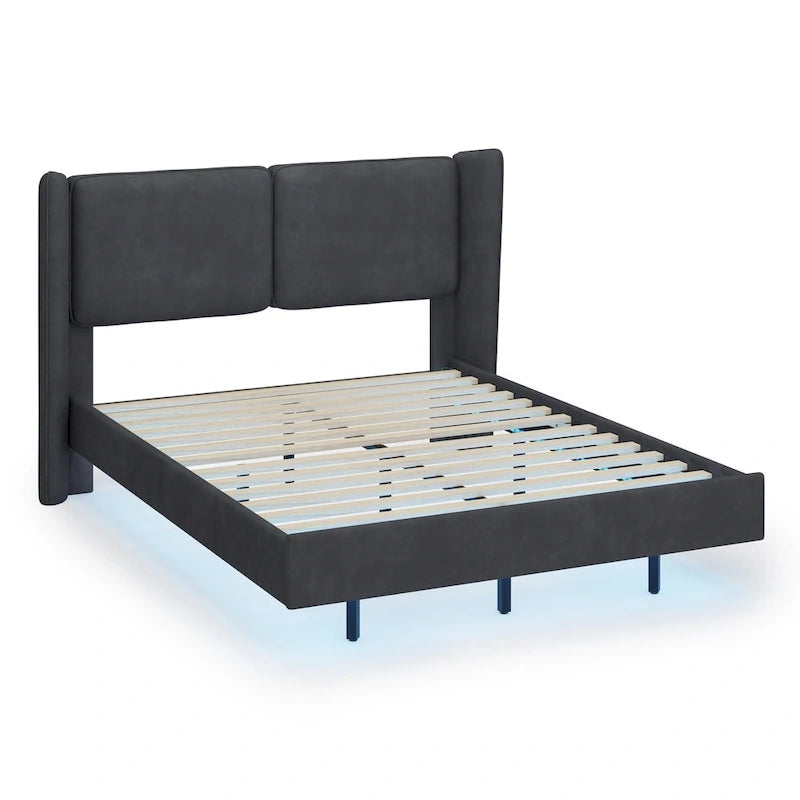 Base de Cama Plataforma Queen de Terciopelo con LED, Beige/Gris, 2 Personas