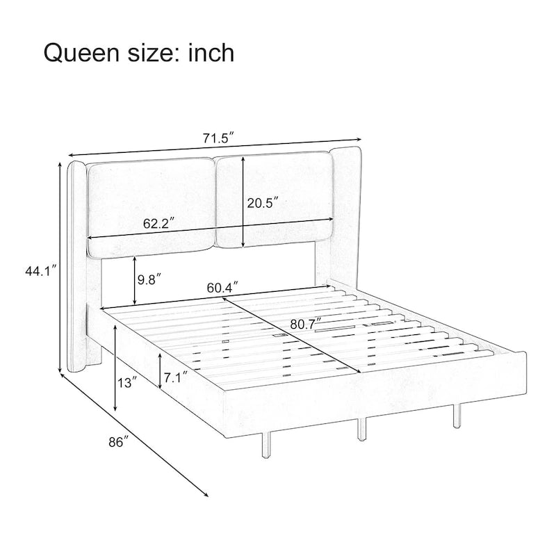 Base de Cama Plataforma Queen de Terciopelo con LED, Beige/Gris, 2 Personas