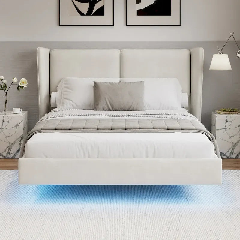 Base de Cama Plataforma Queen de Terciopelo con LED, Beige/Gris, 2 Personas