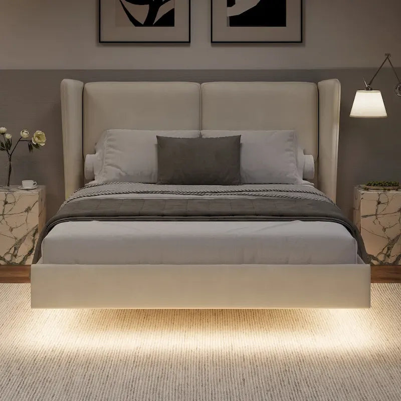 Base de Cama Plataforma Queen de Terciopelo con LED, Beige/Gris, 2 Personas