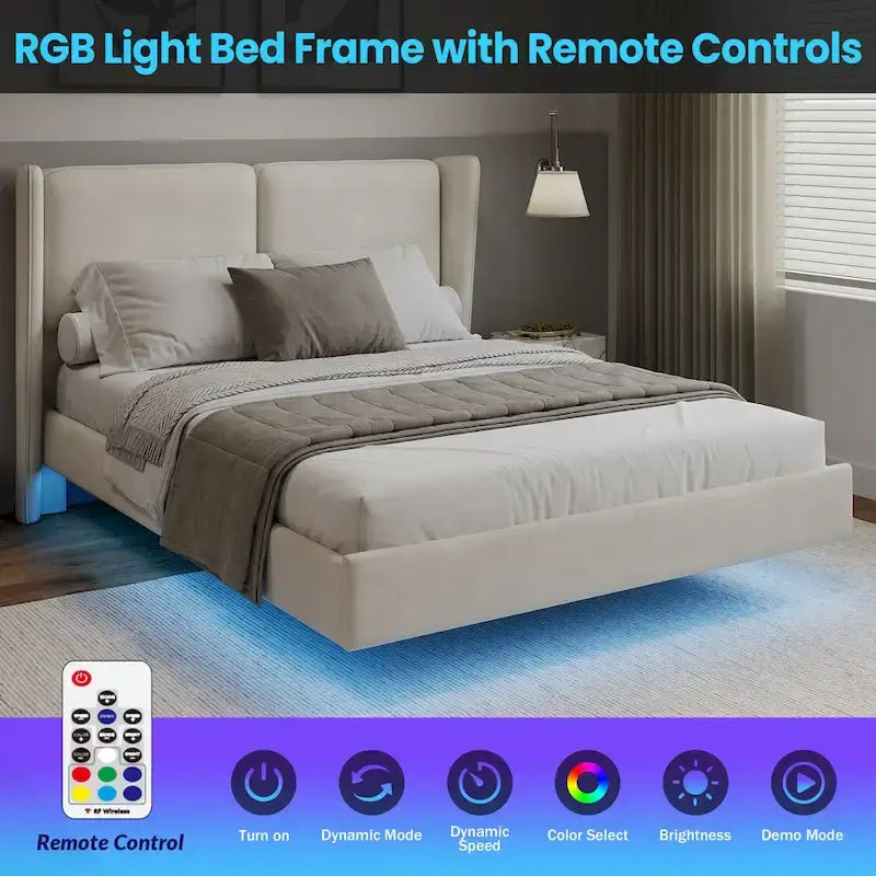 Base de Cama Plataforma Queen de Terciopelo con LED, Beige/Gris, 2 Personas