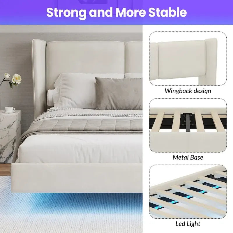 Base de Cama Plataforma Queen de Terciopelo con LED, Beige/Gris, 2 Personas