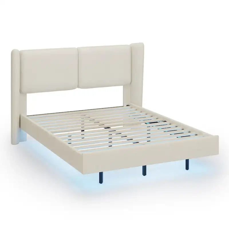 Base de Cama Plataforma Queen de Terciopelo con LED, Beige/Gris, 2 Personas