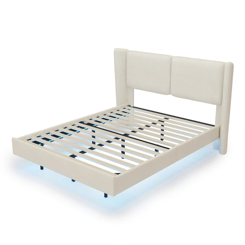 Base de Cama Plataforma Queen de Terciopelo con LED, Beige/Gris, 2 Personas