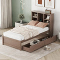 Cama individual, nogal/gris/blanco lavado, cabecero de estantería con USB, 2 cajones, 1 persona