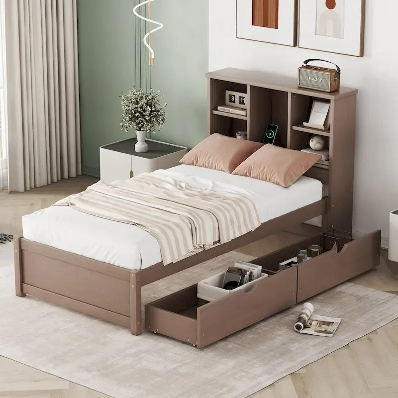 Cama individual, nogal/gris/blanco lavado, cabecero de estantería con USB, 2 cajones, 1 persona