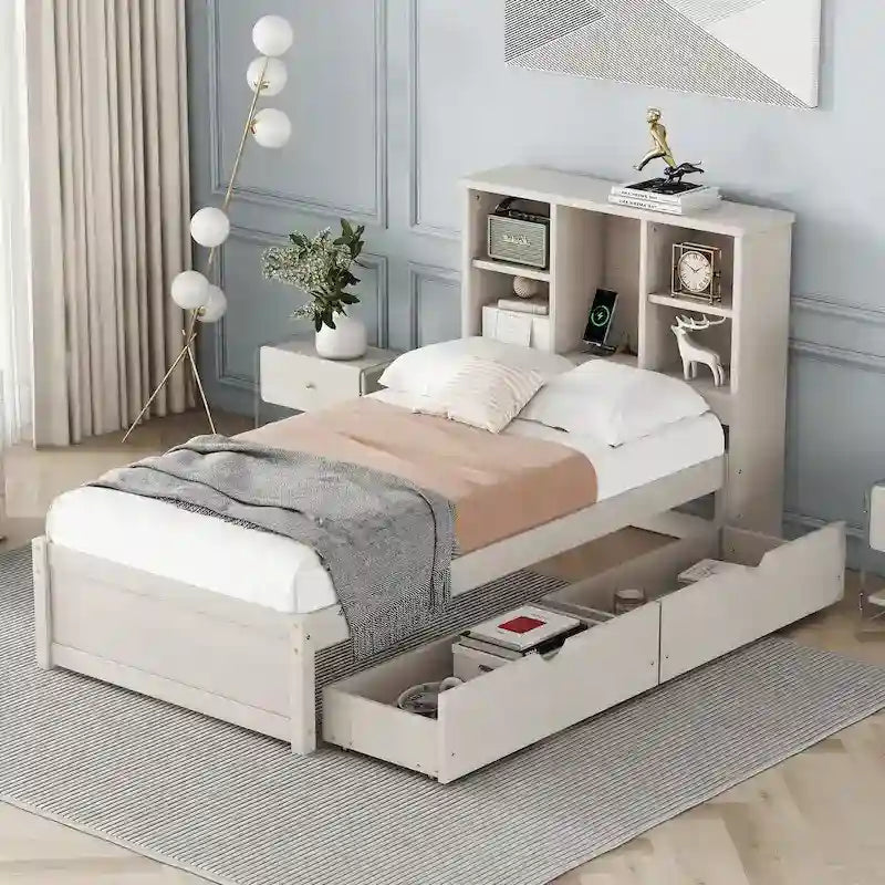 Cama individual, nogal/gris/blanco lavado, cabecero de estantería con USB, 2 cajones, 1 persona