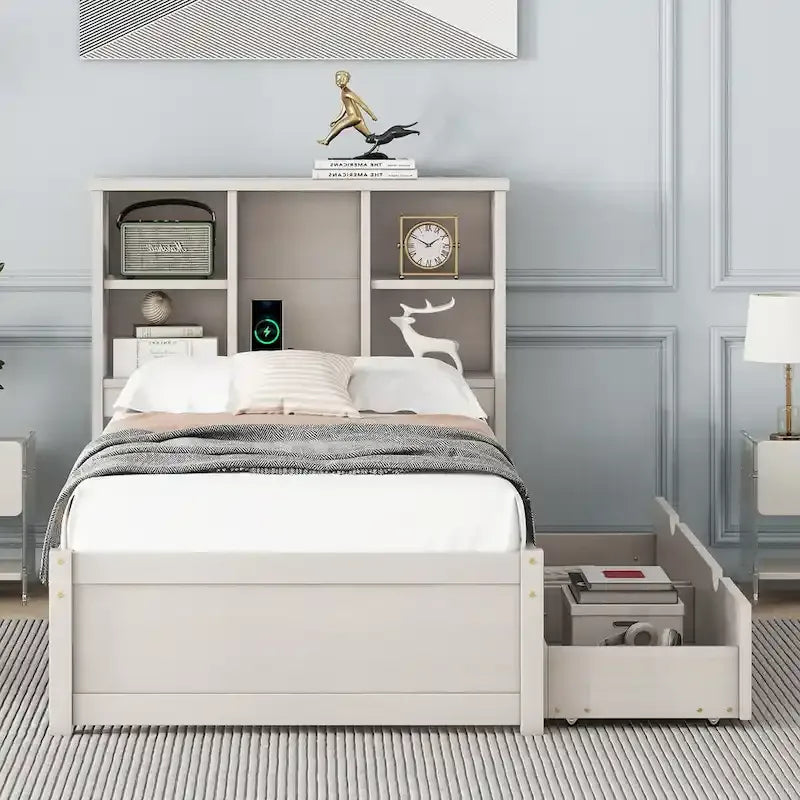 Cama individual, nogal/gris/blanco lavado, cabecero de estantería con USB, 2 cajones, 1 persona