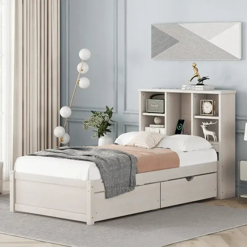 Cama individual, nogal/gris/blanco lavado, cabecero de estantería con USB, 2 cajones, 1 persona