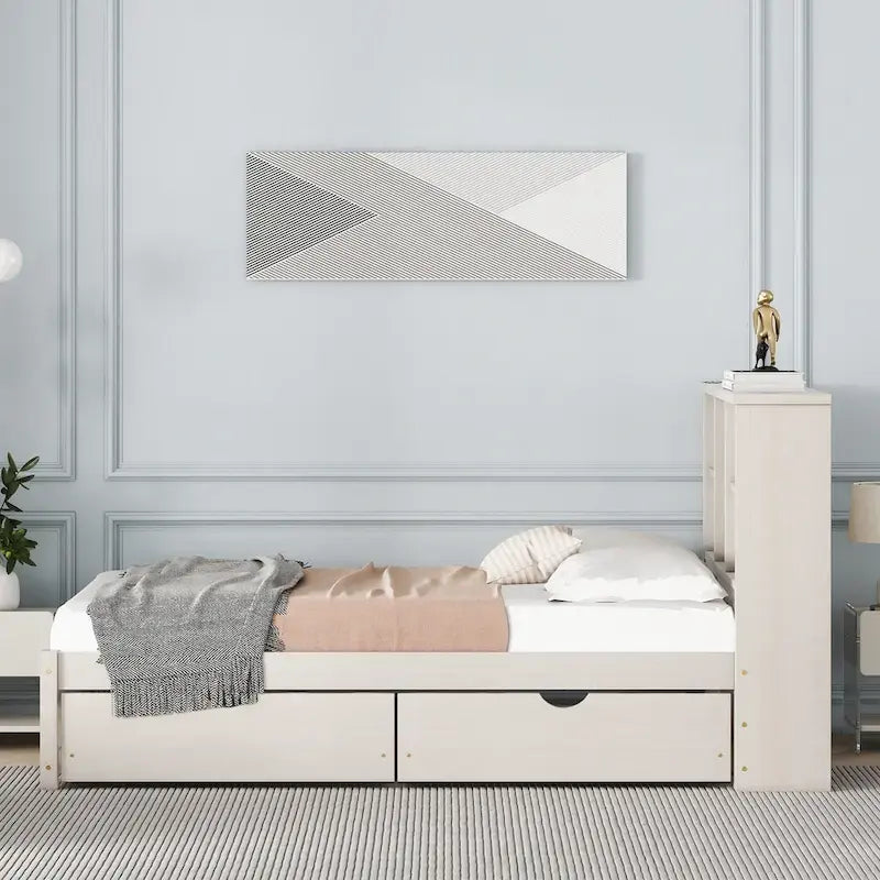 Cama individual, nogal/gris/blanco lavado, cabecero de estantería con USB, 2 cajones, 1 persona