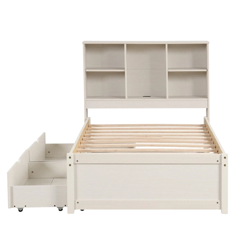 Cama individual, nogal/gris/blanco lavado, cabecero de estantería con USB, 2 cajones, 1 persona