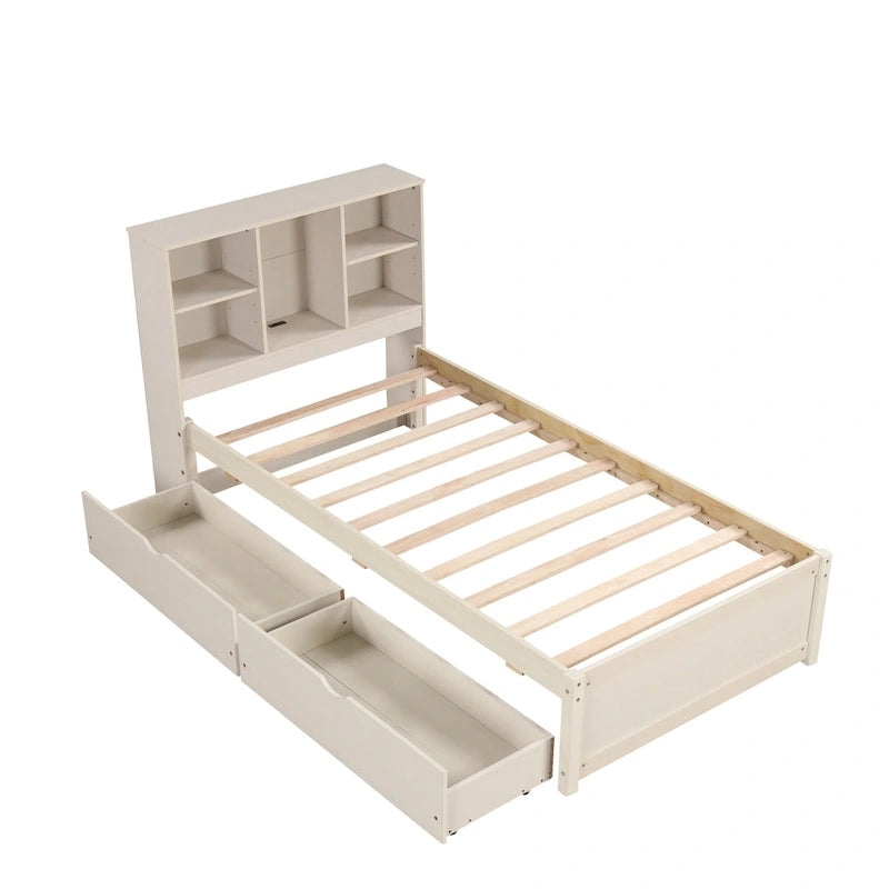 Cama individual, nogal/gris/blanco lavado, cabecero de estantería con USB, 2 cajones, 1 persona