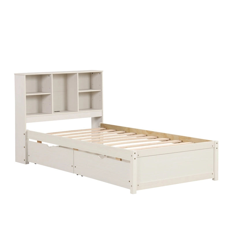 Cama individual, nogal/gris/blanco lavado, cabecero de estantería con USB, 2 cajones, 1 persona