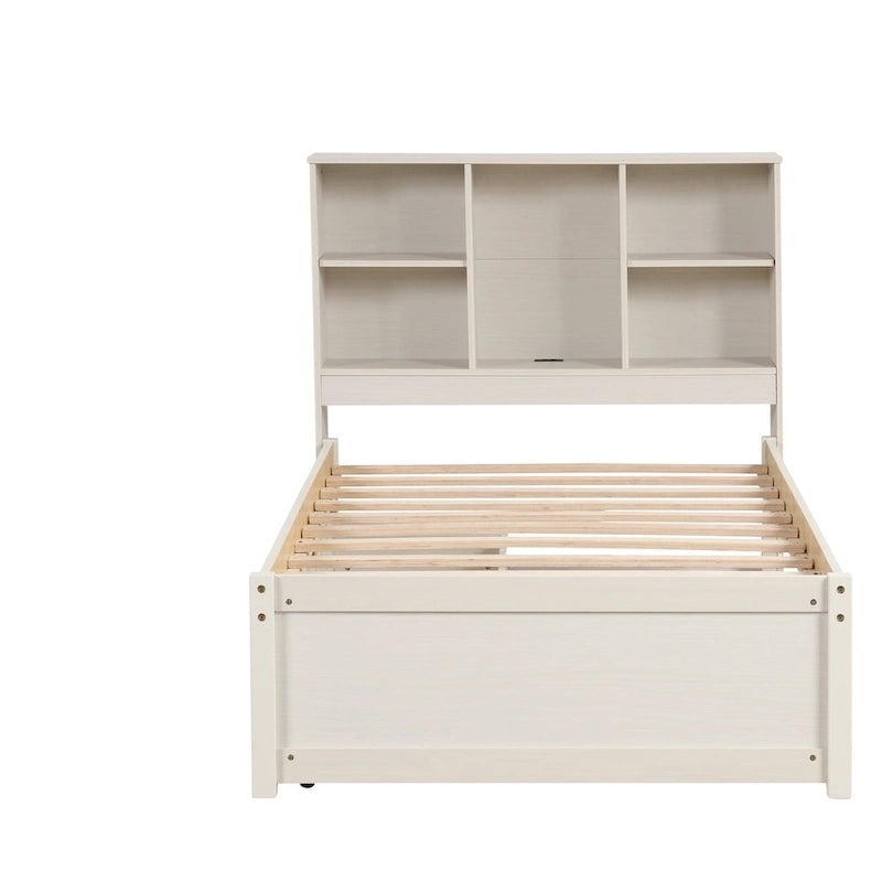 Cama individual, nogal/gris/blanco lavado, cabecero de estantería con USB, 2 cajones, 1 persona