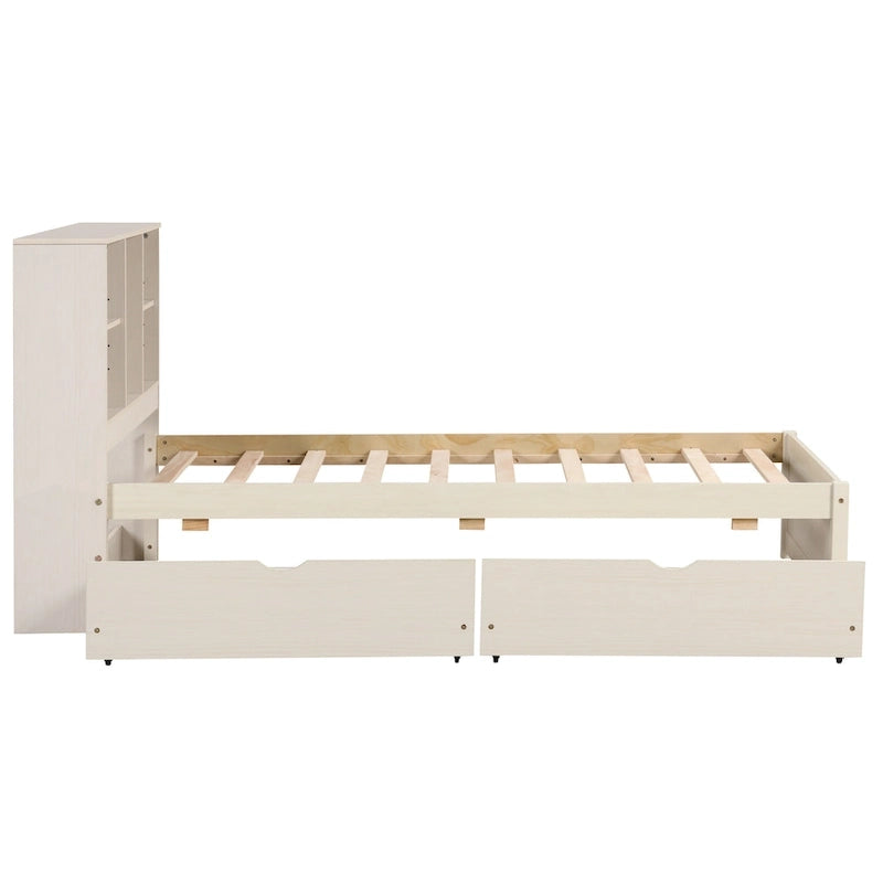 Cama individual, nogal/gris/blanco lavado, cabecero de estantería con USB, 2 cajones, 1 persona